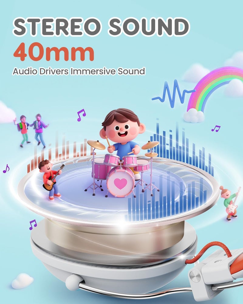 awatrue Kids Headphones for School, 74/85dB Safe Volume Limit, Stereo Sound, Wired On-Ear Headphones for Kids Boys Girls, 3.5mm Jack for Tablet, iPad, Kindle, YOTO Player, Airplane Travel, White - Image 3